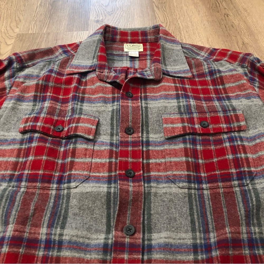L.L. Bean 1933 Signature Chamois Cloth Plaid Button Gray Red‎ Fit Men’s XL Tall - Picture 2 of 3